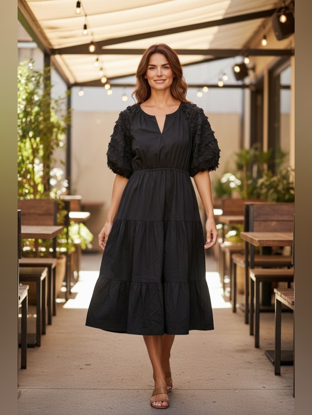 Chicos 1 Black Tiered Midi Dress Embroidered Puff Sleeves Medium 8